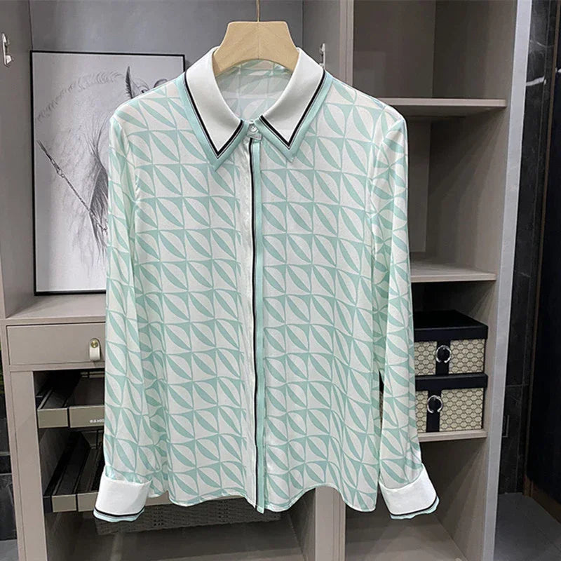 Print Blue Button Up Casual Top - Palm and Thread
