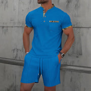 Waffle zip-up lapel short-sleeve suit shorts set - Palm and Thread