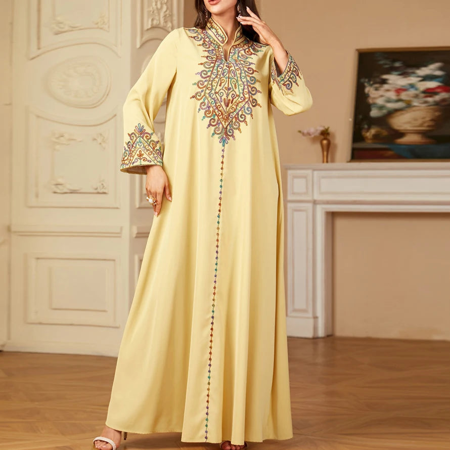 Embroidery V-Neck Long Dress Abaya - Palm and Thread