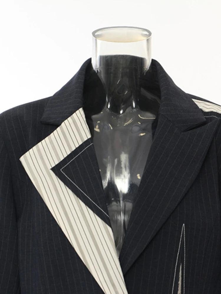 Navy Blue Striped Irregular Elegant Blazer New Lapel Long Sleeve Jacket - Palm and Thread