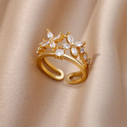 White Zircon Flower Leaf Shape Stainless Steel Ring - Palm and Thread