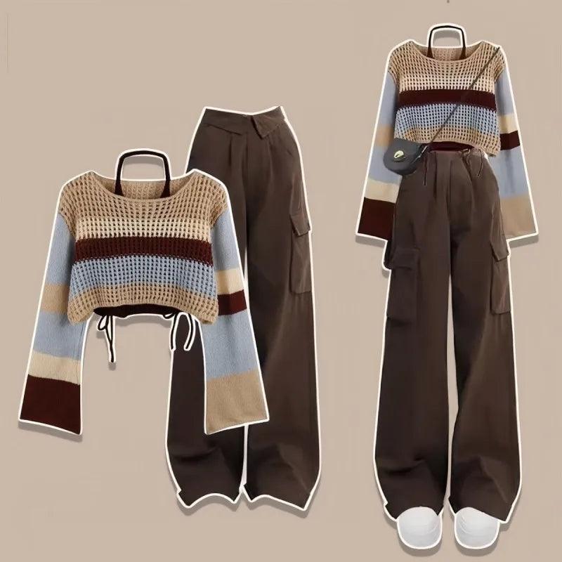 Hollow Stripe Long Sleeved Knitwear+Strap+Cargo Pants Matching Set - Palm and Thread