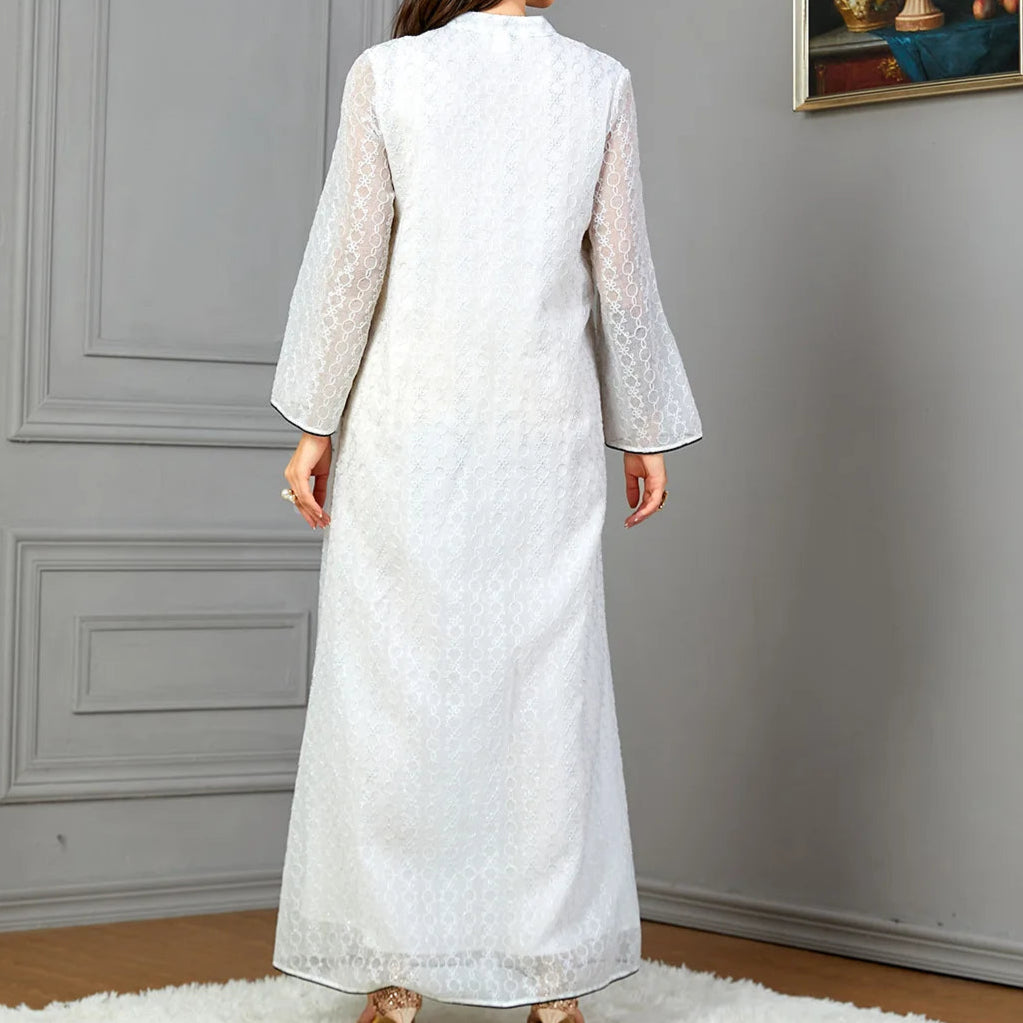 White Floral Sequins Notched V-Neck Abaya - Palm and Thread