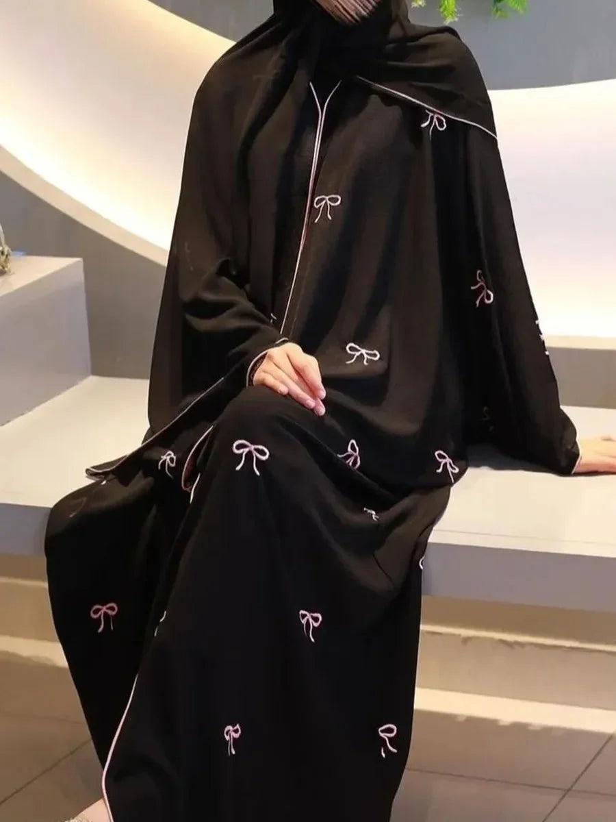 Bowknot Embroidery Long Abaya - Palm and Thread