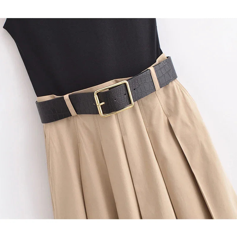 Belt Pleated Midi Dress - Palm and Thread