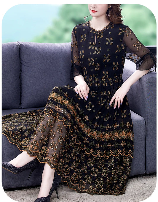 Black Mesh Floral Embroidery Maxi Dress - Palm and Thread