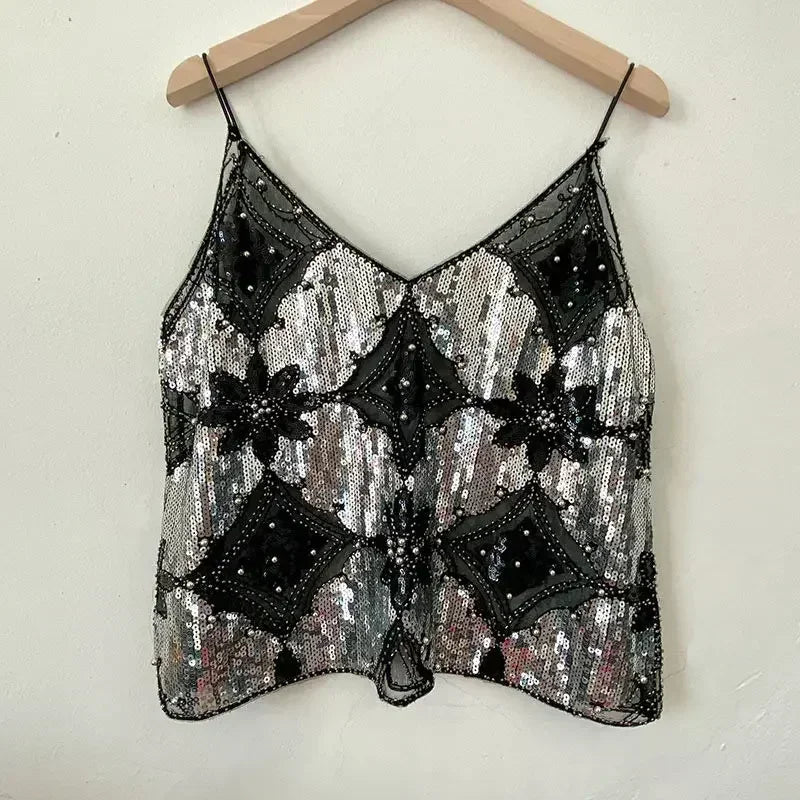 Sequin Bead Sling Slim Fit Straight Tank Top - Palm and Thread