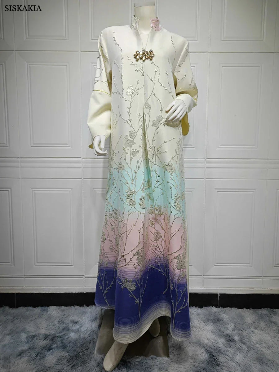 Fashion Floral Jacquard Gradient Color Elegant Long Dress Abaya - Palm and Thread