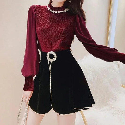 Thin Undercoat Pleated Long Sleeve Top Vintage O-neck Solid Color T-Shirt - Palm and Thread