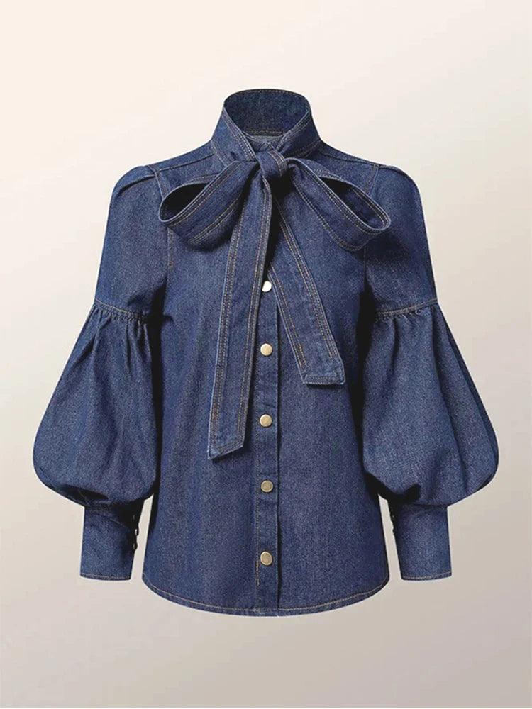 Denim Puff Sleeves Bow-Embellished Blouse - Palm and Thread