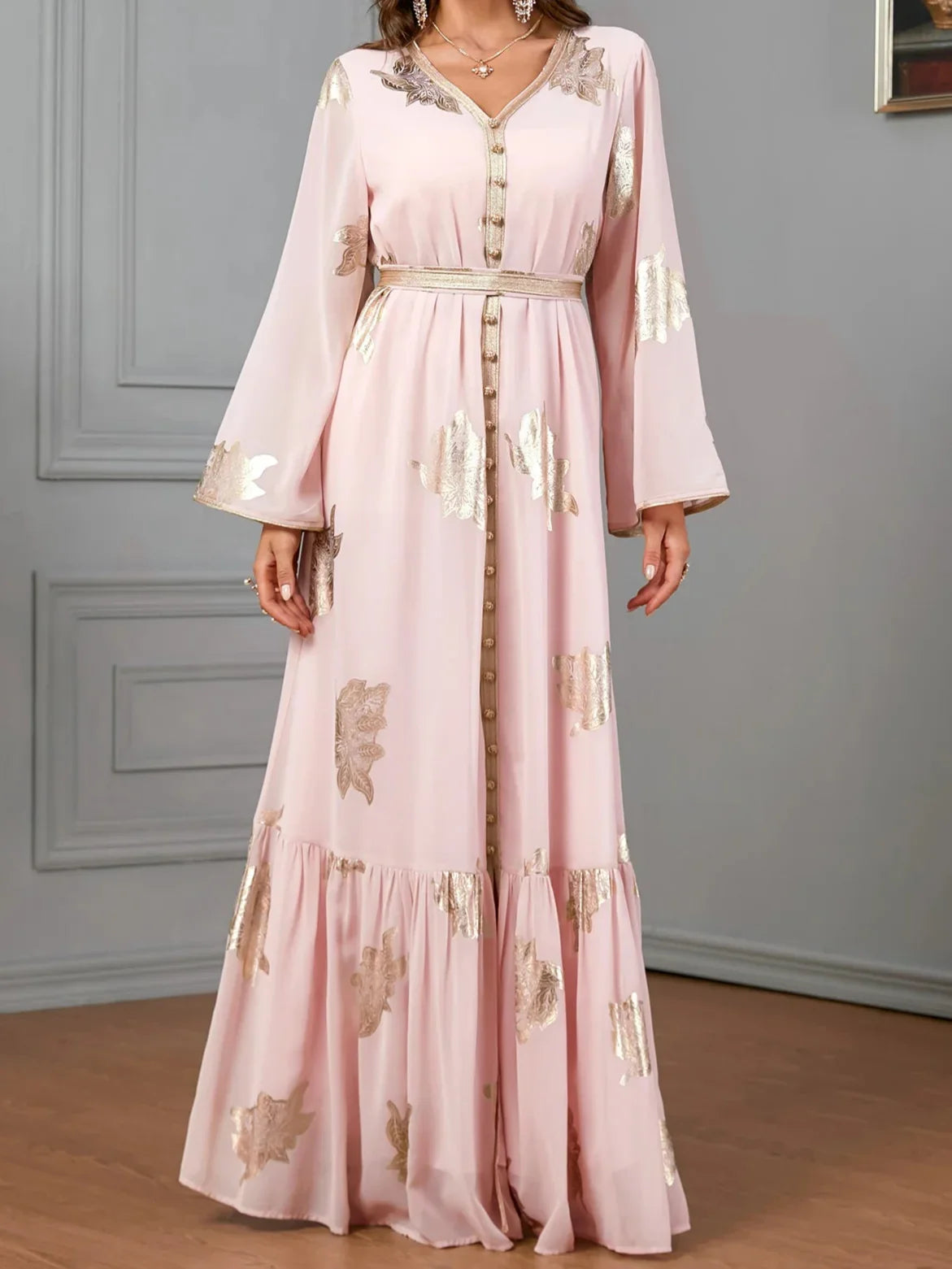 Iron V-Neck Button Dress Abaya - Palm and Thread