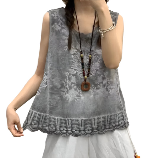 Vintage Lace Embroidery Solid Cotton Tank Top Vest - Palm and Thread