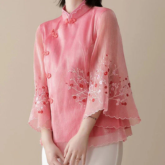 Modified Cheongsam Stand Collar Bat Sleeve Blouse - Palm and Thread