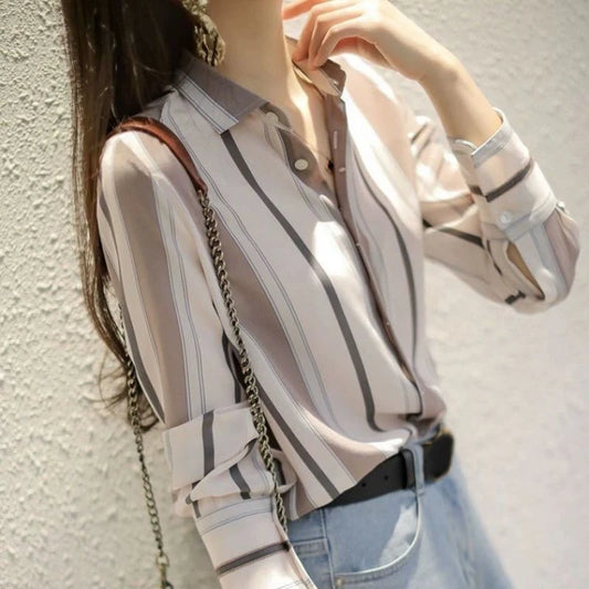 Striped Print Button Up Shirt Blouse - Palm and Thread