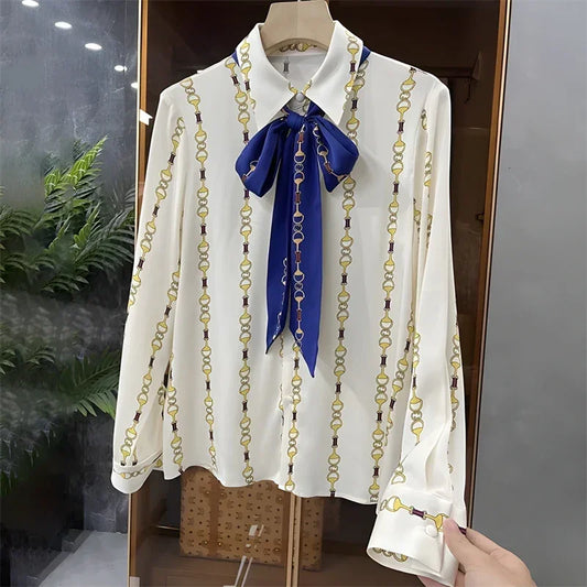 Striped Satin Chain Print Blouse - Palm and Thread