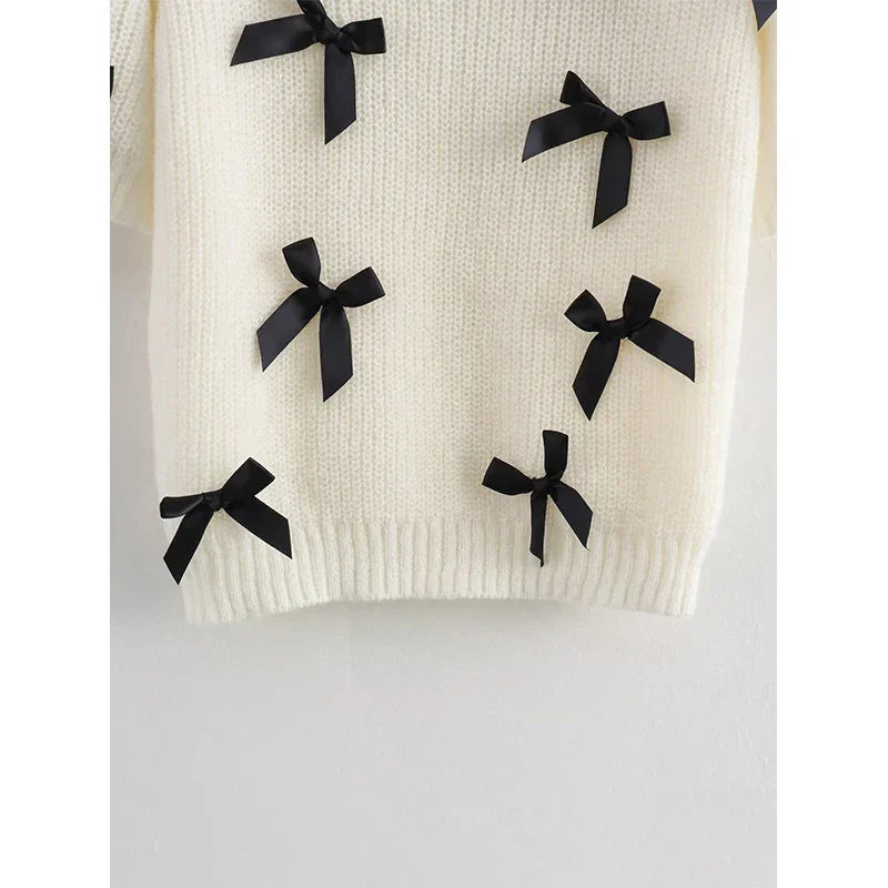 Bow Puff Short Sleeve Crop Knit Sweater - Palm and Thread