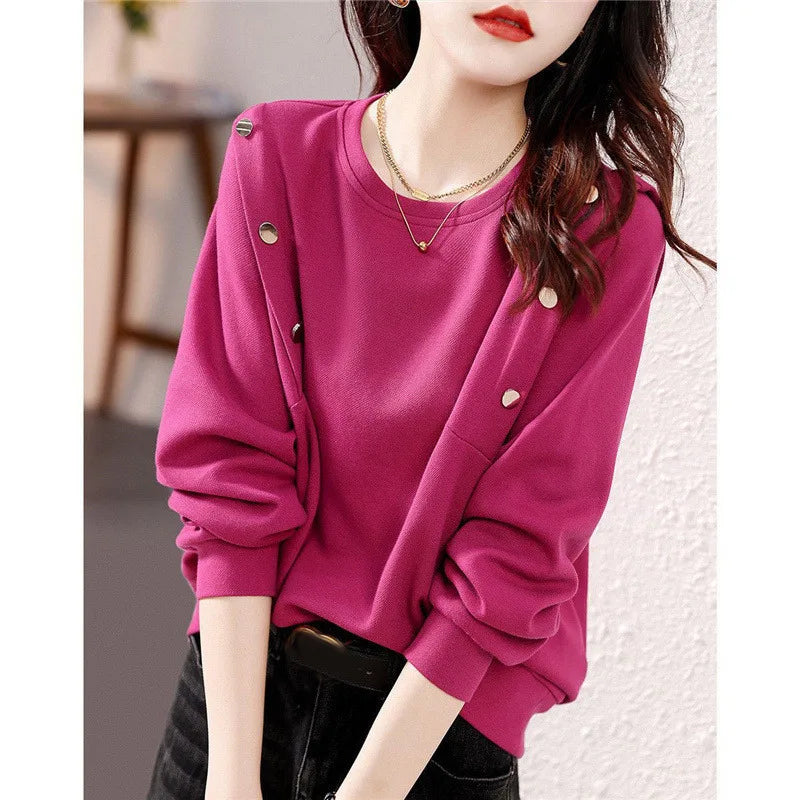 Fashion O Neck Long Sleeve Buttons Chic Sweet Pullover Top - Palm and Thread