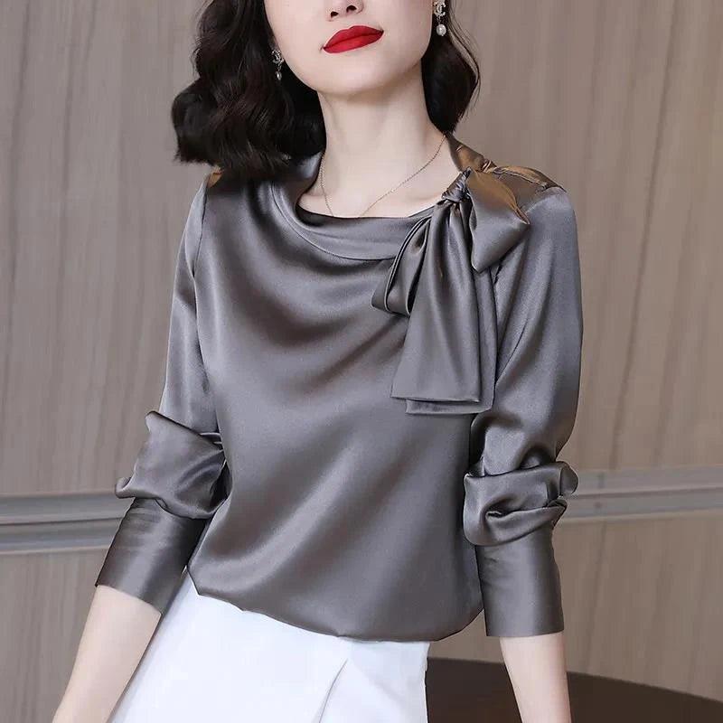 Satin Solid Bow Blouse - Palm and Thread