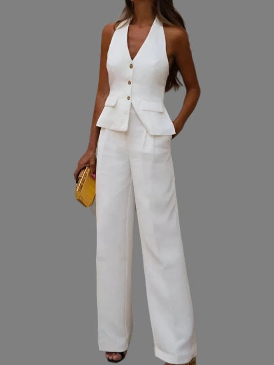 Sleeveless Halter Vest+ Zipper Pockets Pant Matching Set - Palm and Thread