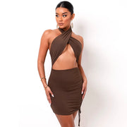 Sexy Brown Cross Halter Cut-Out Mini Dress