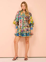 printed round neck cinched waist dress - Palm and Thread
