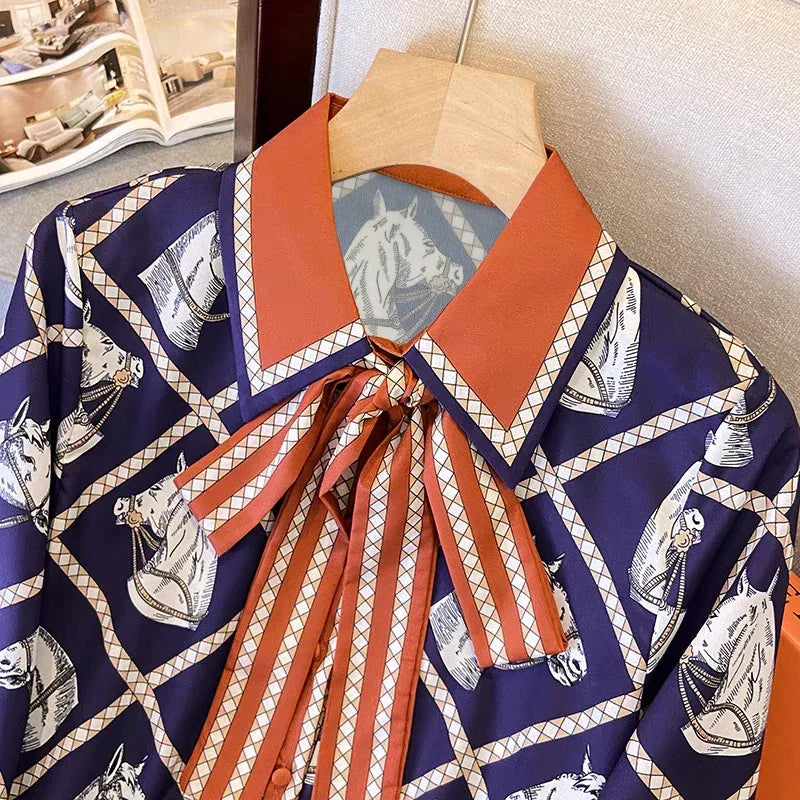 Check Equestrian Print Silk Shirt - Palm and Thread