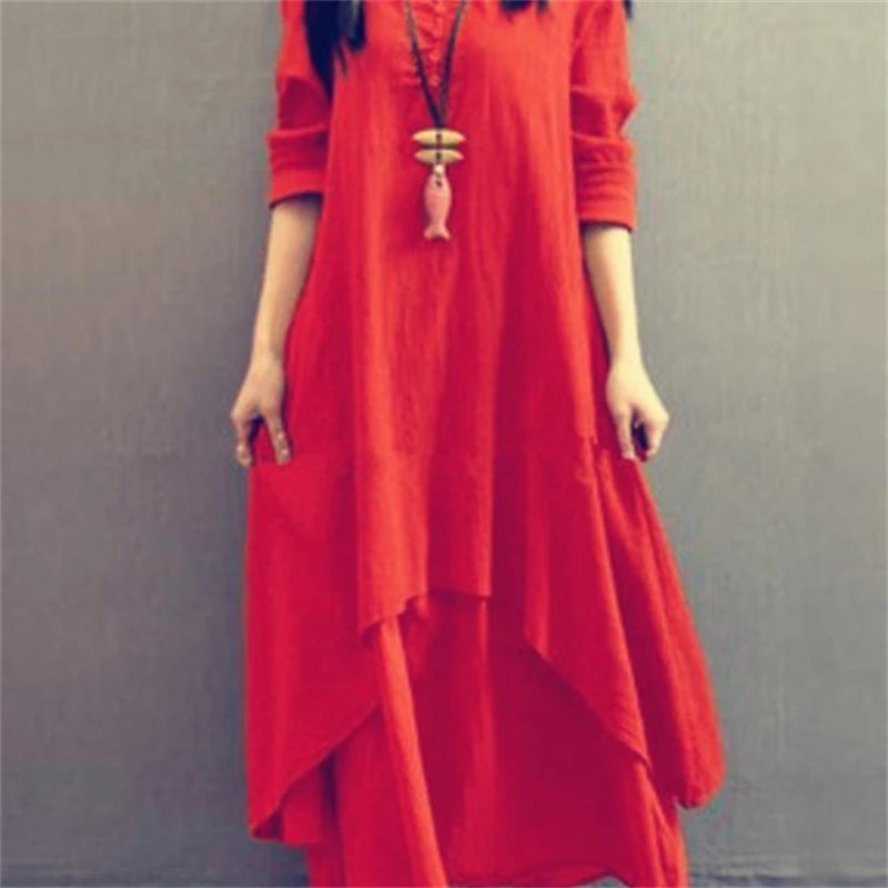 Vintage Ethnic Style Irregular Cotton Linen Dress - Palm and Thread