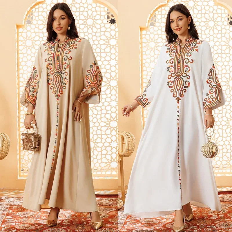 Elegant Long Sleeve V-neck Embroidery Abaya - Palm and Thread