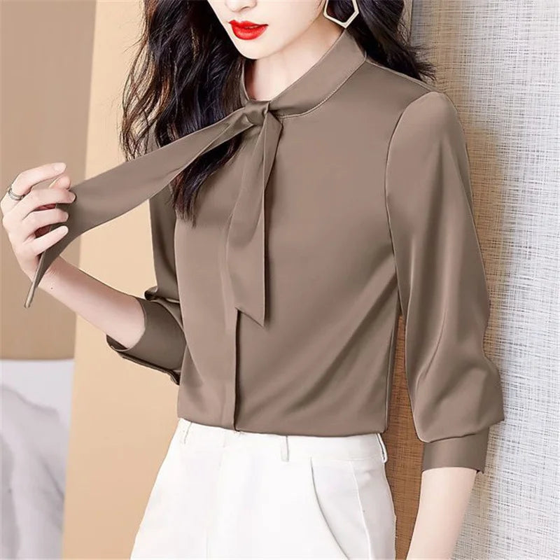 Satin Elegant Fashion Bow Tie Blouse - Palm and Thread