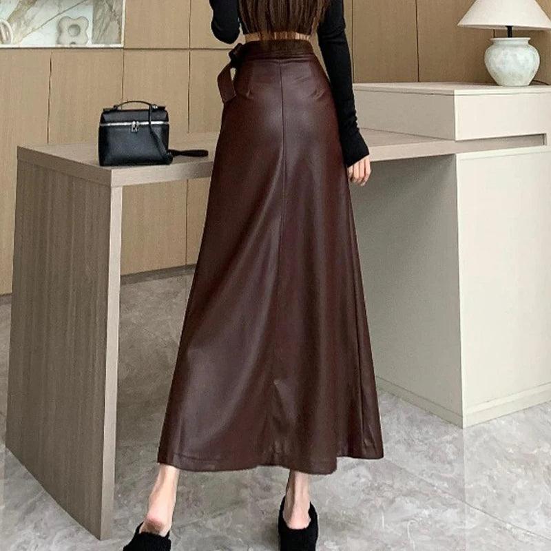 Vintage Elegant Lace-up PU Leather Maxi Skirt - Palm and Thread