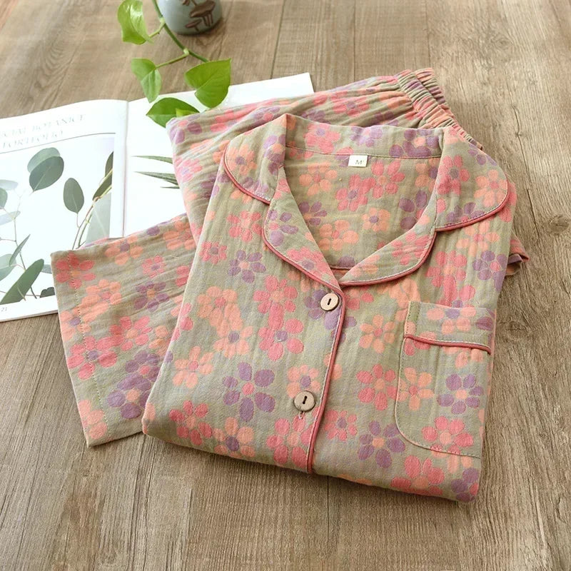Long-sleeved trousers two-piece cotton crepe flower leaves Pajama set - Palm and Thread