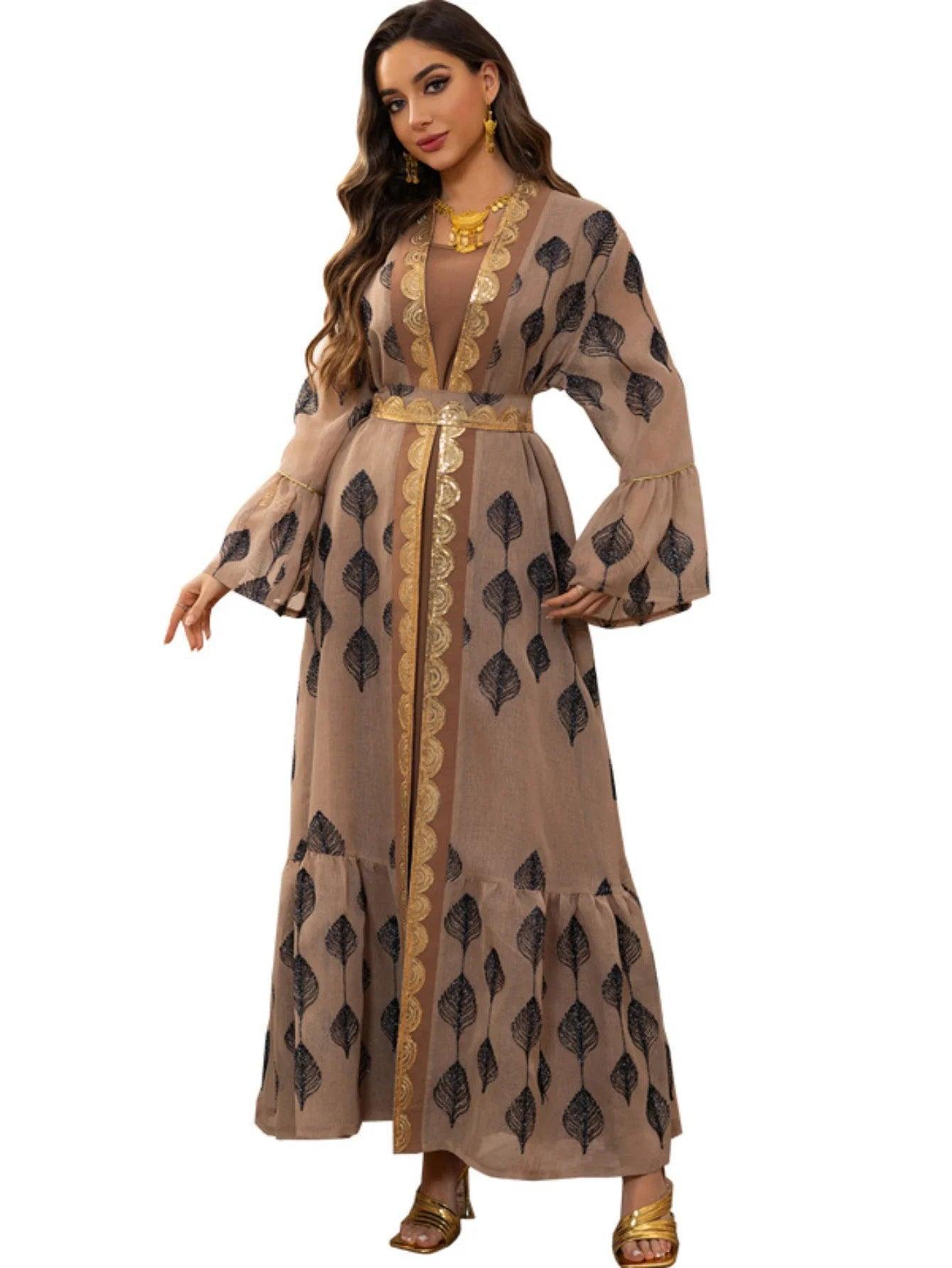 Abaya 2 Piece Set Mesh Embroidery Kaftan Vestidos Largos - Palm and Thread