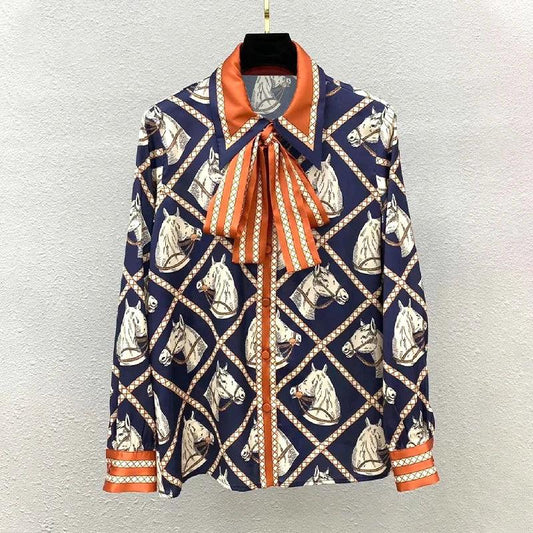 Check Equestrian Print Silk Shirt - Palm and Thread