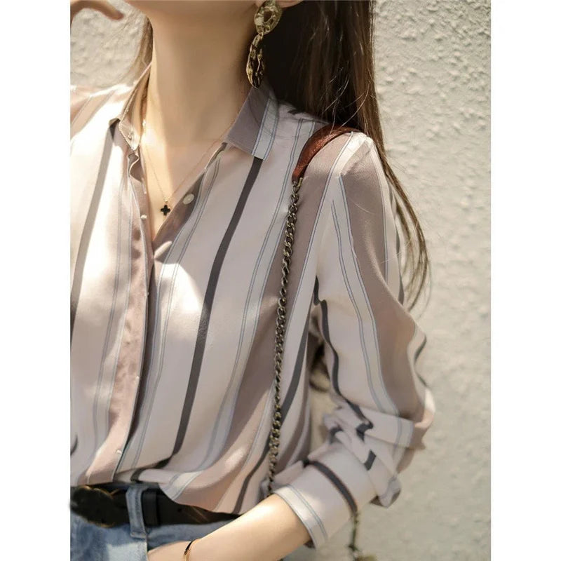 Striped Print Button Up Shirt Blouse - Palm and Thread