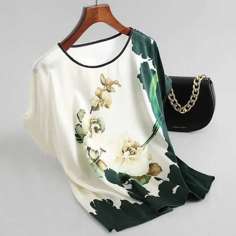 Silk Satin Floral Print O Neck Short Sleeve Casual Office Top - Palm and Thread