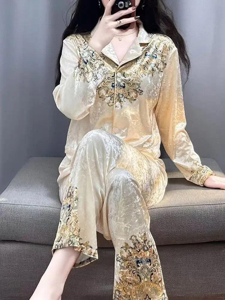 Floral Golden Velvet Pajama Long Sleeve Cardigan Pants Sleepwear Two-piece Set - Palm and Thread