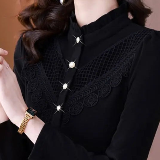 Elegant Ruffle Lace Slim Warm Long Sleeve Basic T-shirt - Palm and Thread