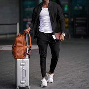 stand collar solid color + casual Waffle full pants suit