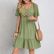Loose V-neck Short Sleeved Pleated Dress - Palm and Thread
