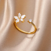 White Zircon Flower Leaf Shape Stainless Steel Ring - Palm and Thread