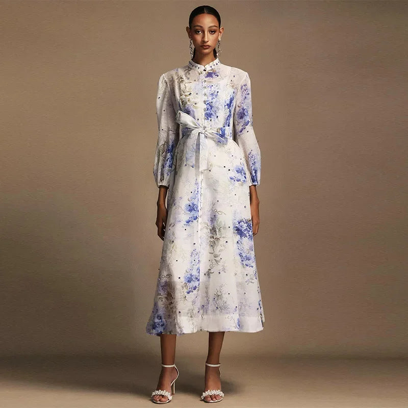 Elegant Floral Printed Long Dress with Belt - Palm and Thread