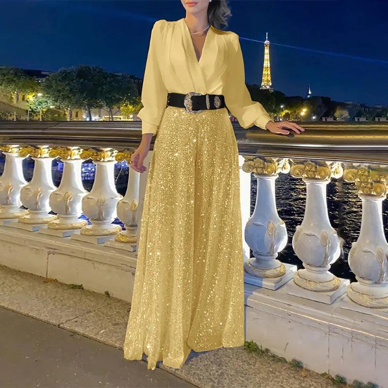 V-neck Long Sleeved Elegant V-neck Waist Sequin Wide Leg Jumpsuit - Palm and Thread