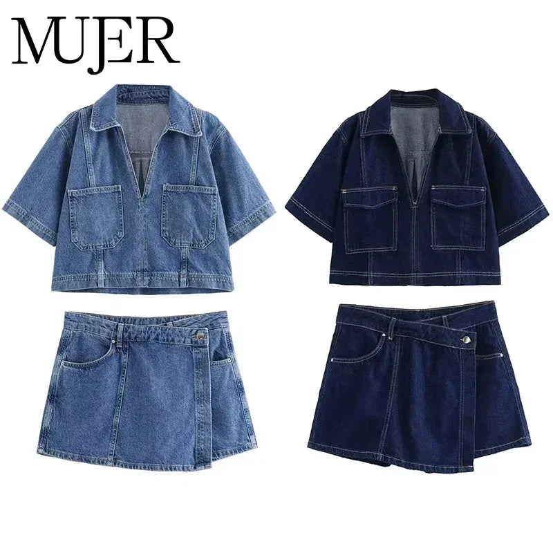 Denim Cropped Shirt and Skirt - Palm and Thread