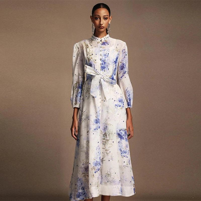 Elegant Floral Printed Long Dress with Belt - Palm and Thread