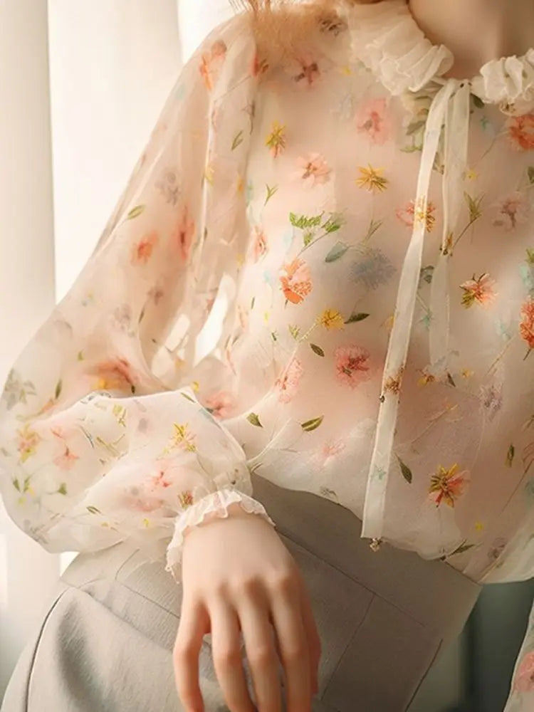 Ruffled Floral Printed Lace Up Blouse - Palm and Thread