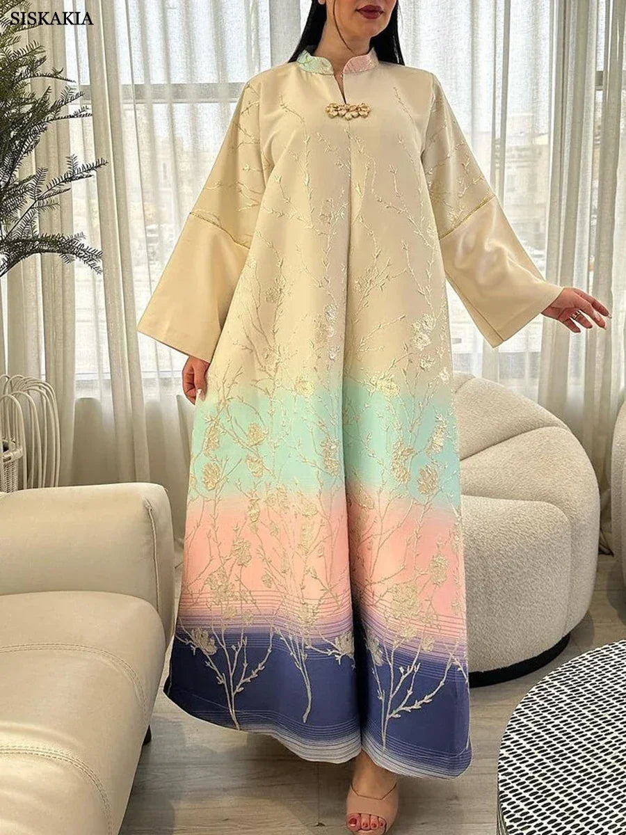 Fashion Floral Jacquard Gradient Color Elegant Long Dress Abaya - Palm and Thread