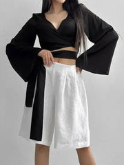 White Satin V-Neck Long Sleeve Shirt - Palm and Thread