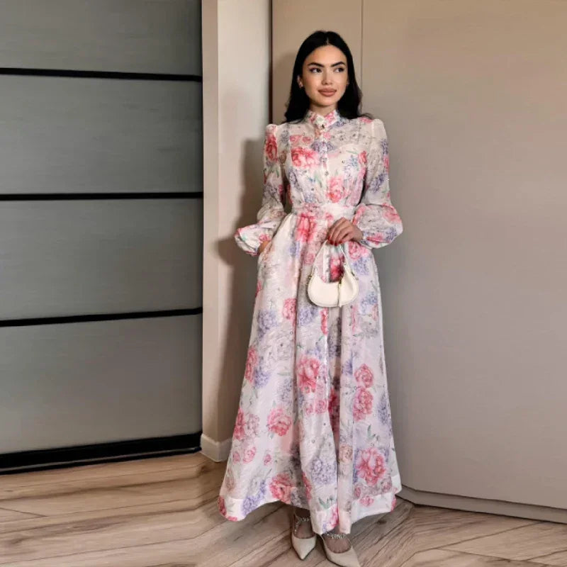 Elegant Floral Printed Long Dress with Belt - Palm and Thread