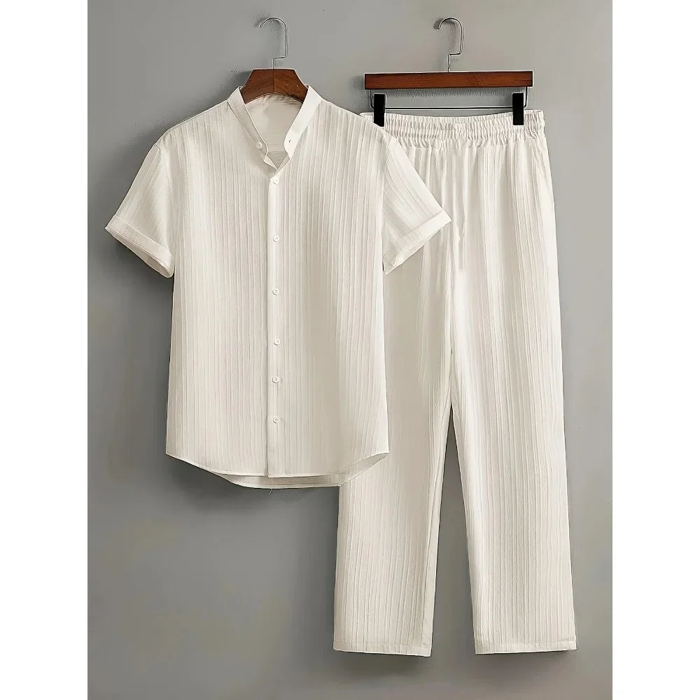 Textured Button Down Shirt and Drawstring Pant Outfit - Palm and Thread