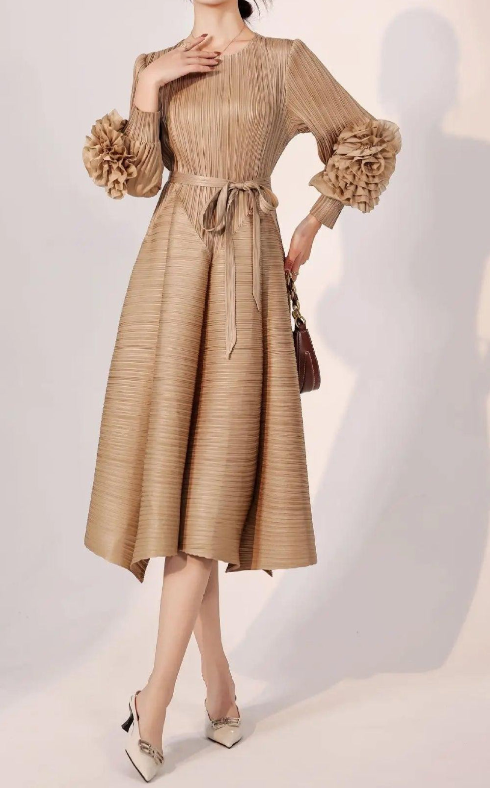 Pleated 3D Floral Sleeves Belt Gathered Waist Dress - Palm and Thread